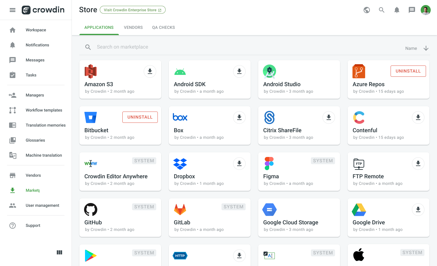 Screenshot showing the marketplace of apps and integrations within Crowdin Enterprise.