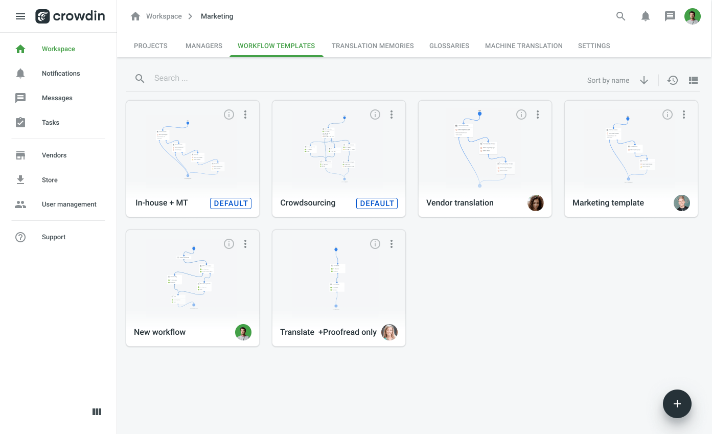 A view of the workflow management interface in Crowdin Enterprise showing multiple steps.