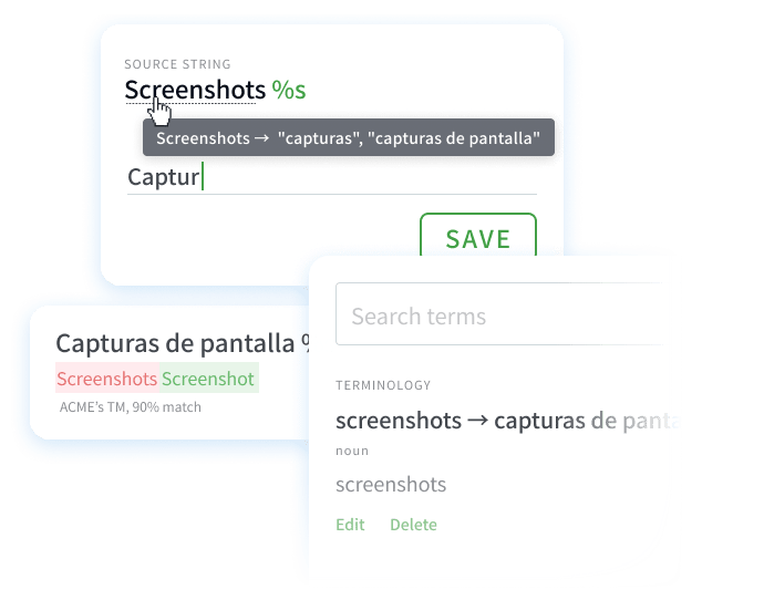 Screenshot showing the use of a glossary and translation memory (TM) in the Crowdin editor.