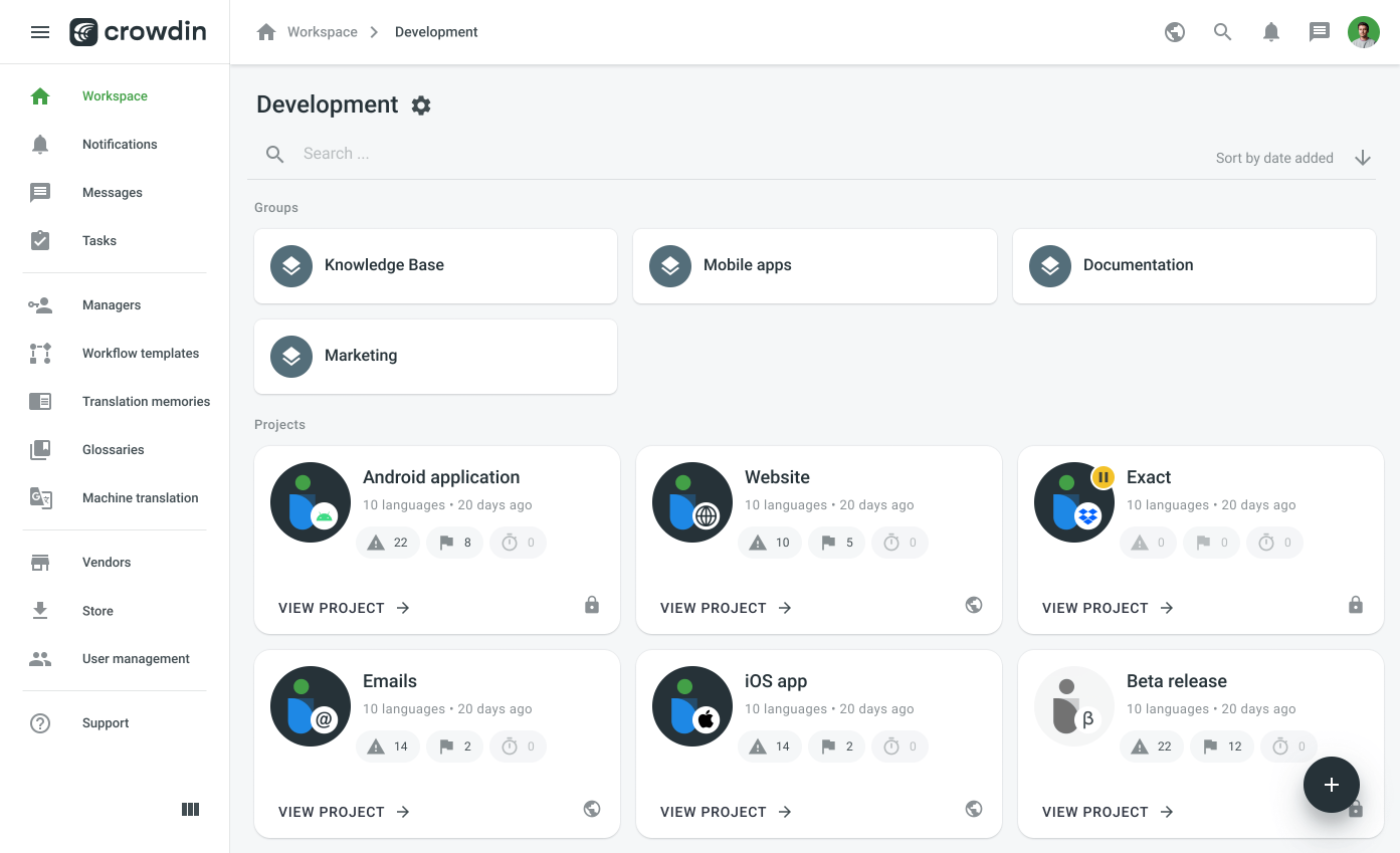 Screenshot of user groups and team management within Crowdin Enterprise.