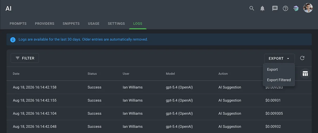 the Logs tab under AI with the Export menu open