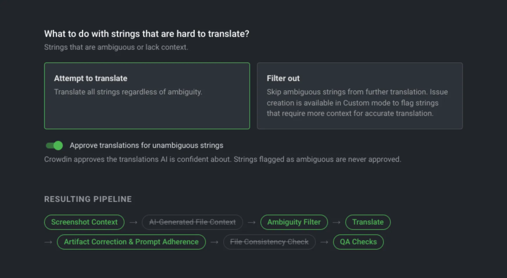the AI Pipeline choice for hard-to-translate strings, with approval for unambiguous strings turned on