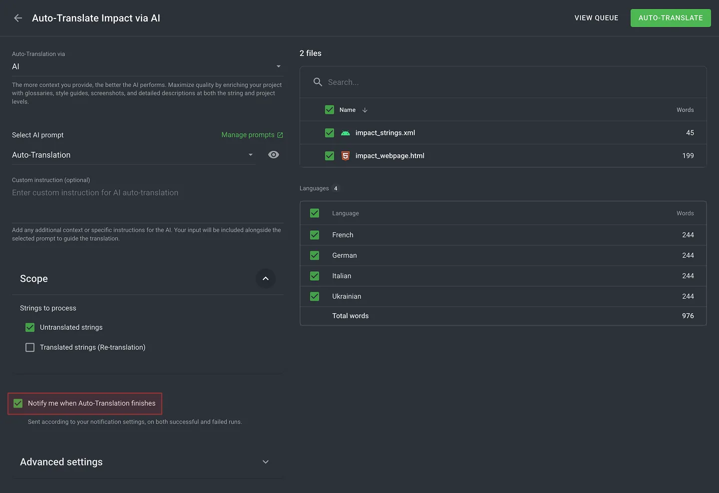 the Auto-Translate dialog with the per-language Words column and the notification checkbox