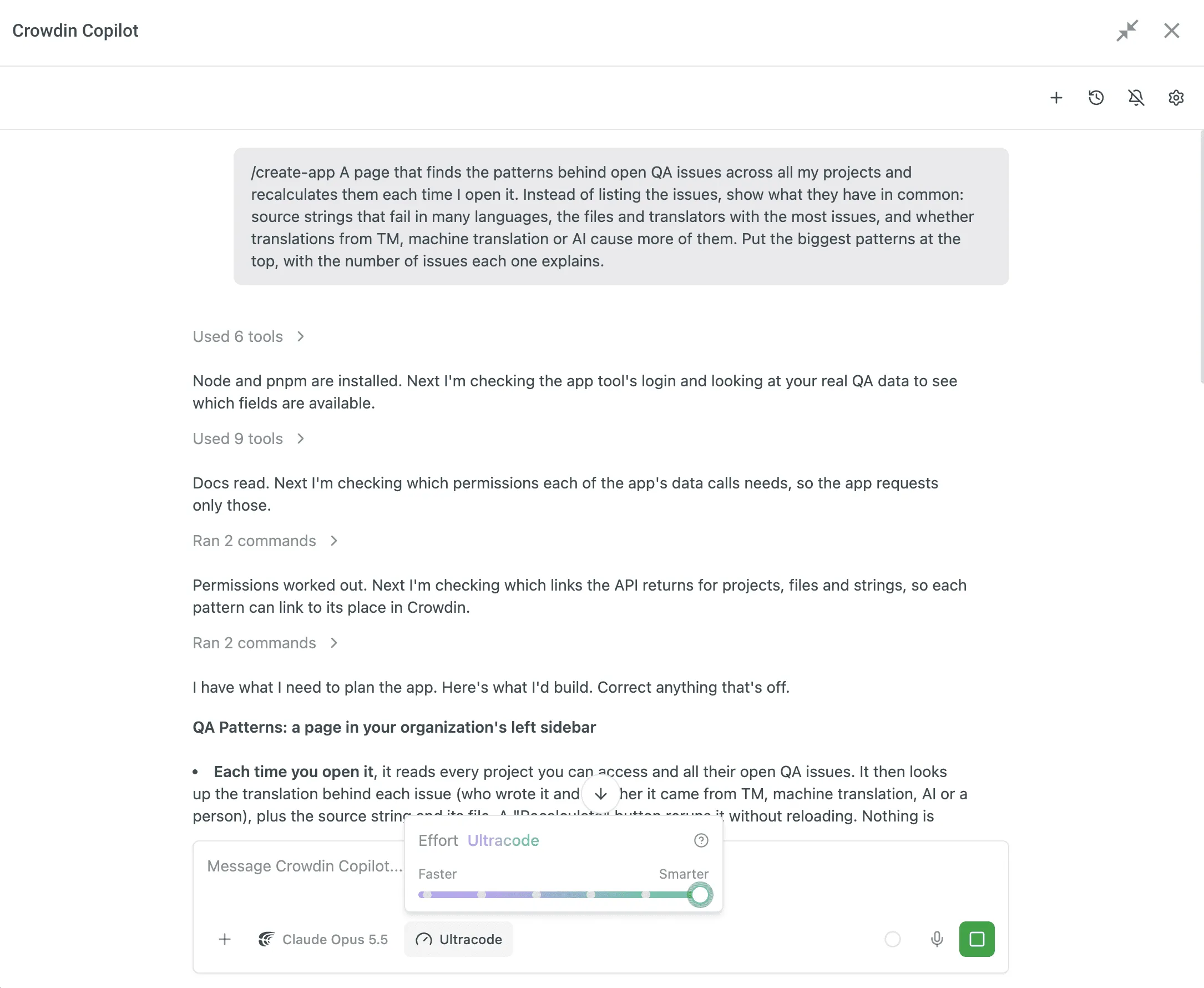 Crowdin Copilot chat with a /create-app request