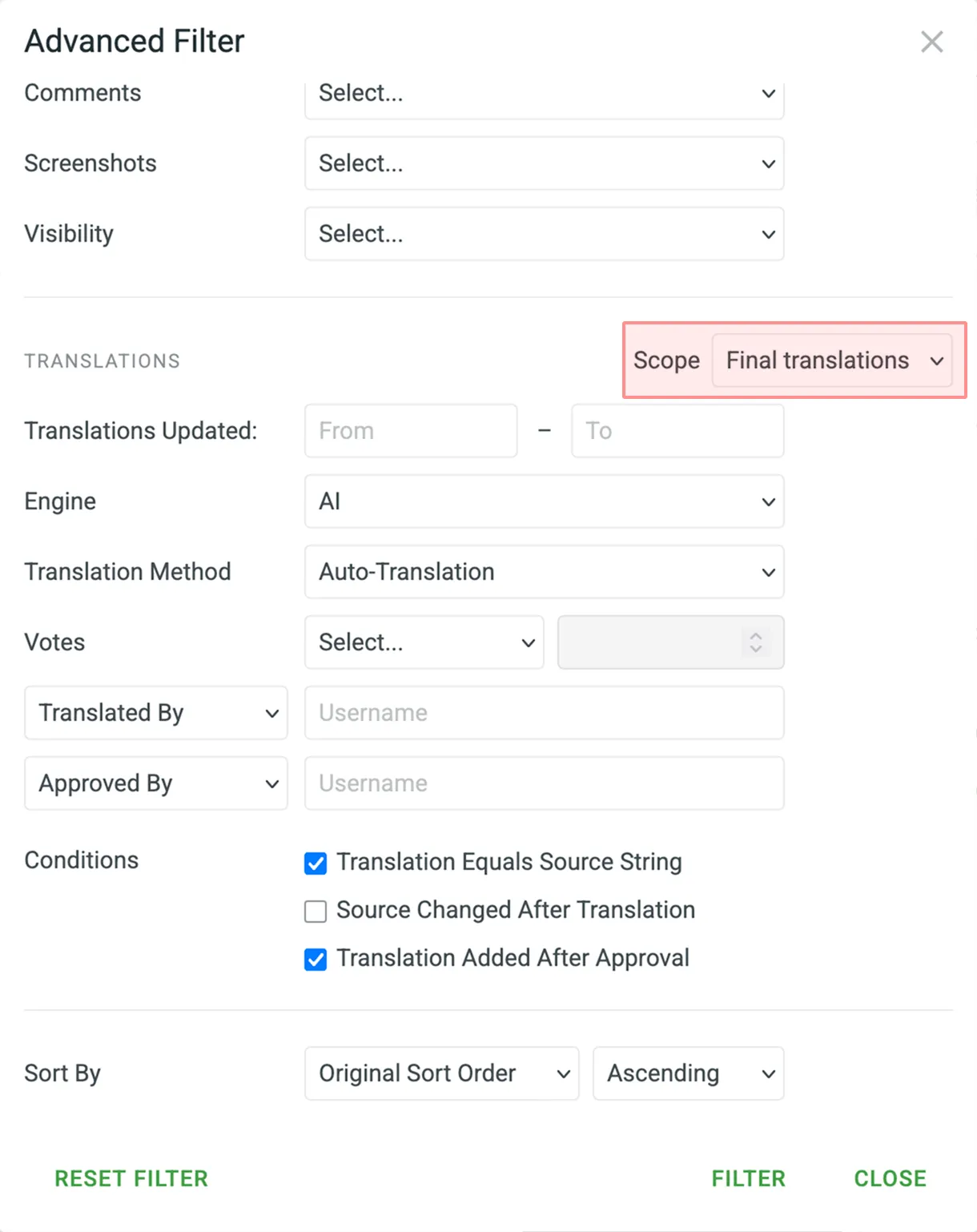 the Advanced Filter dialog with Scope set to Final translations