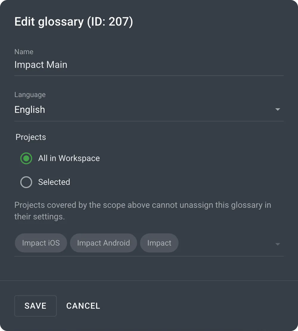 the glossary dialog in Crowdin Enterprise with the sharing scope options