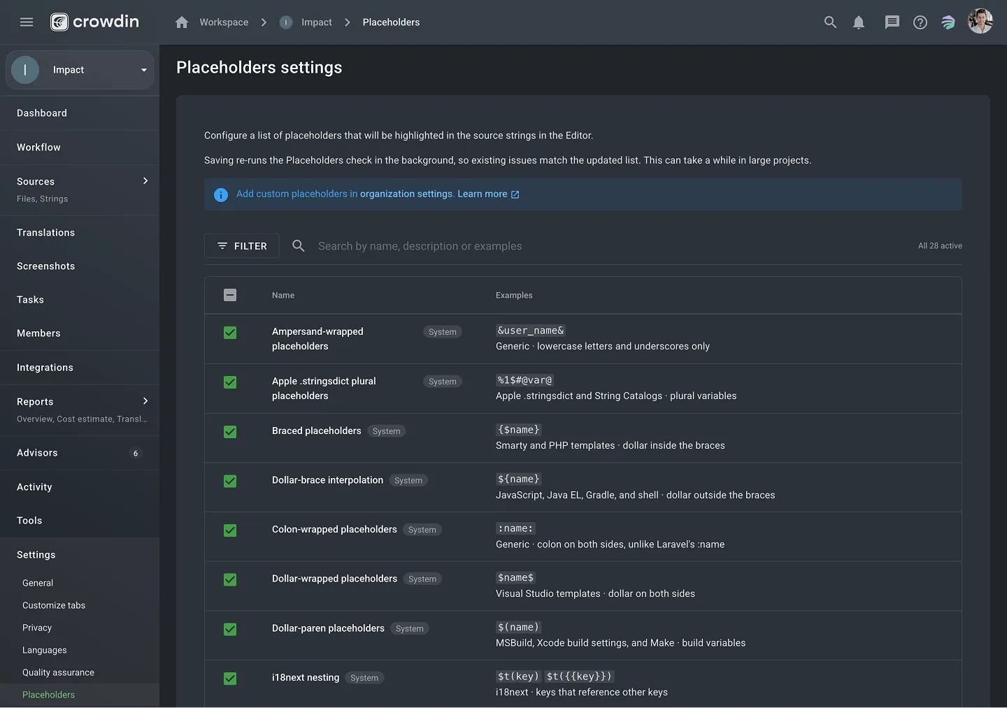 the Placeholders section in project settings