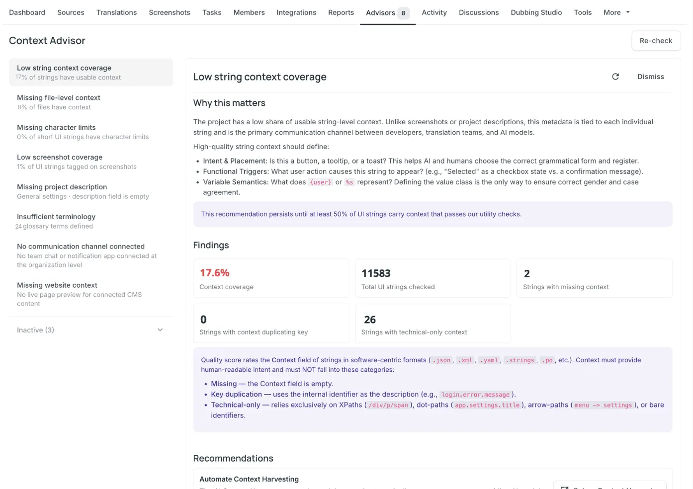 Low string context coverage check in Advisors