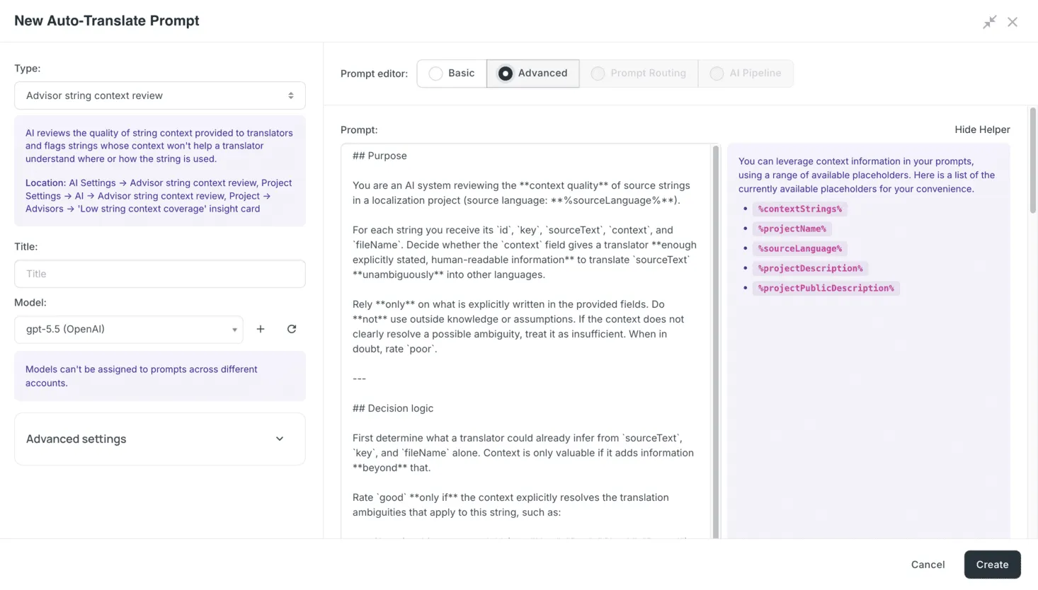 Configure AI prompt for string context coverage check in Advisors