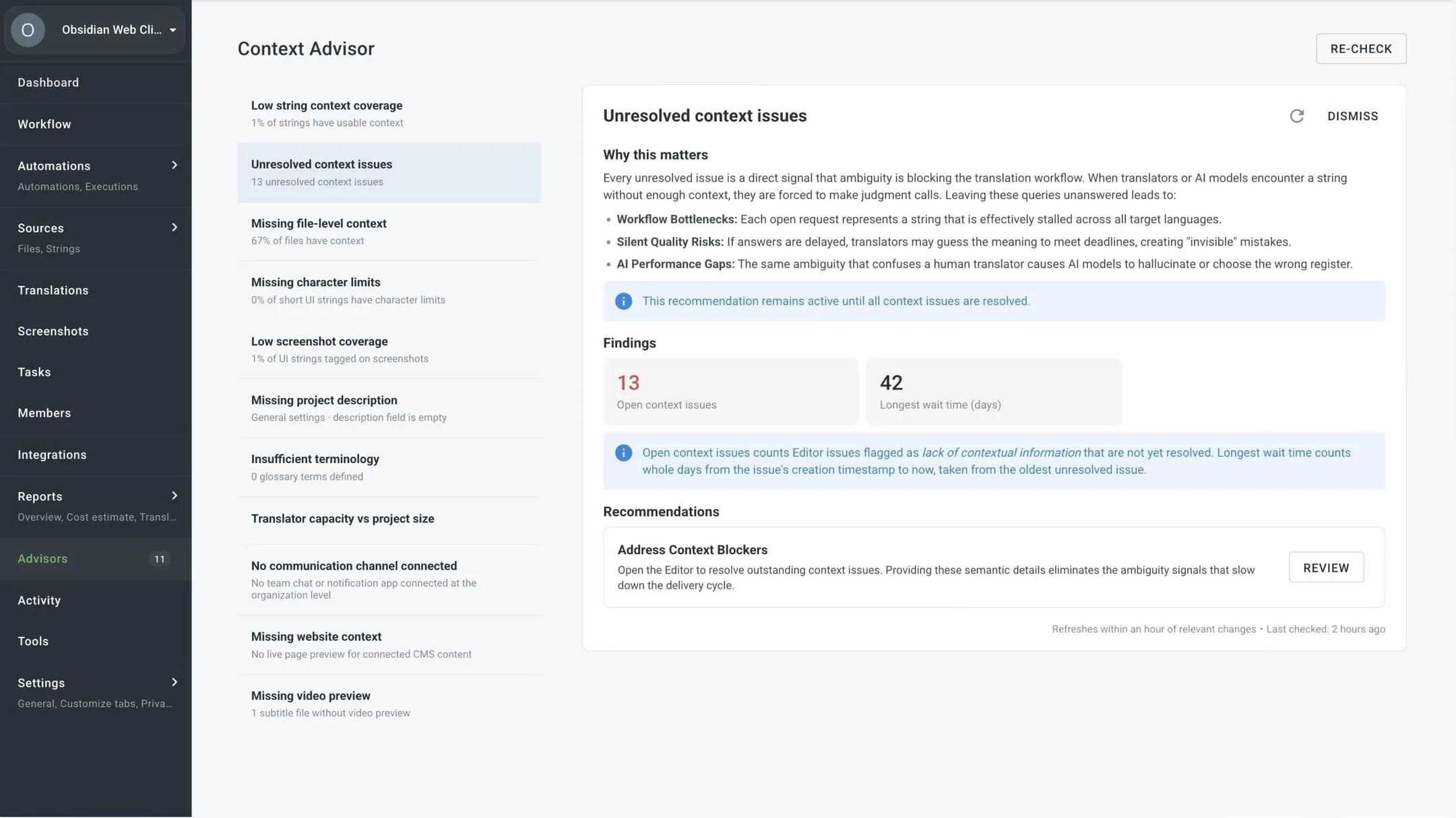 Crowdin Advisors: Low string context coverage check