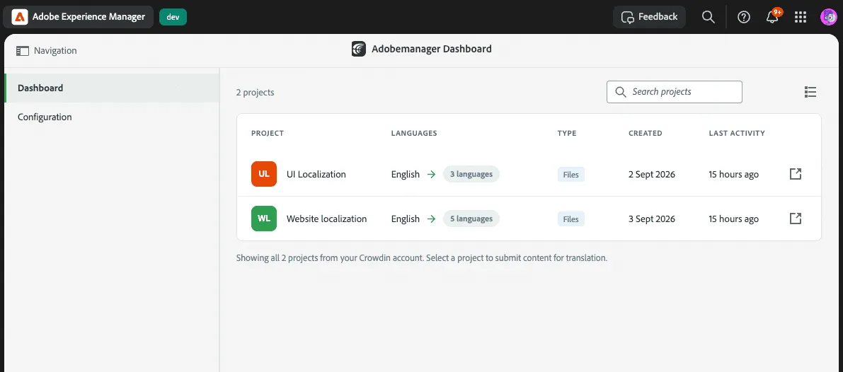 Crowdin AEM connector dashboard