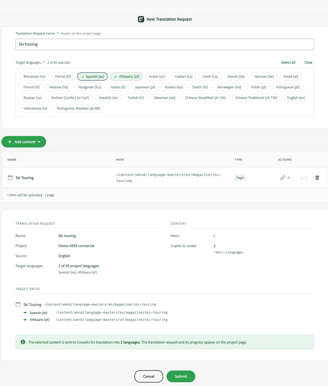 Crowdin AEM connector job review screen