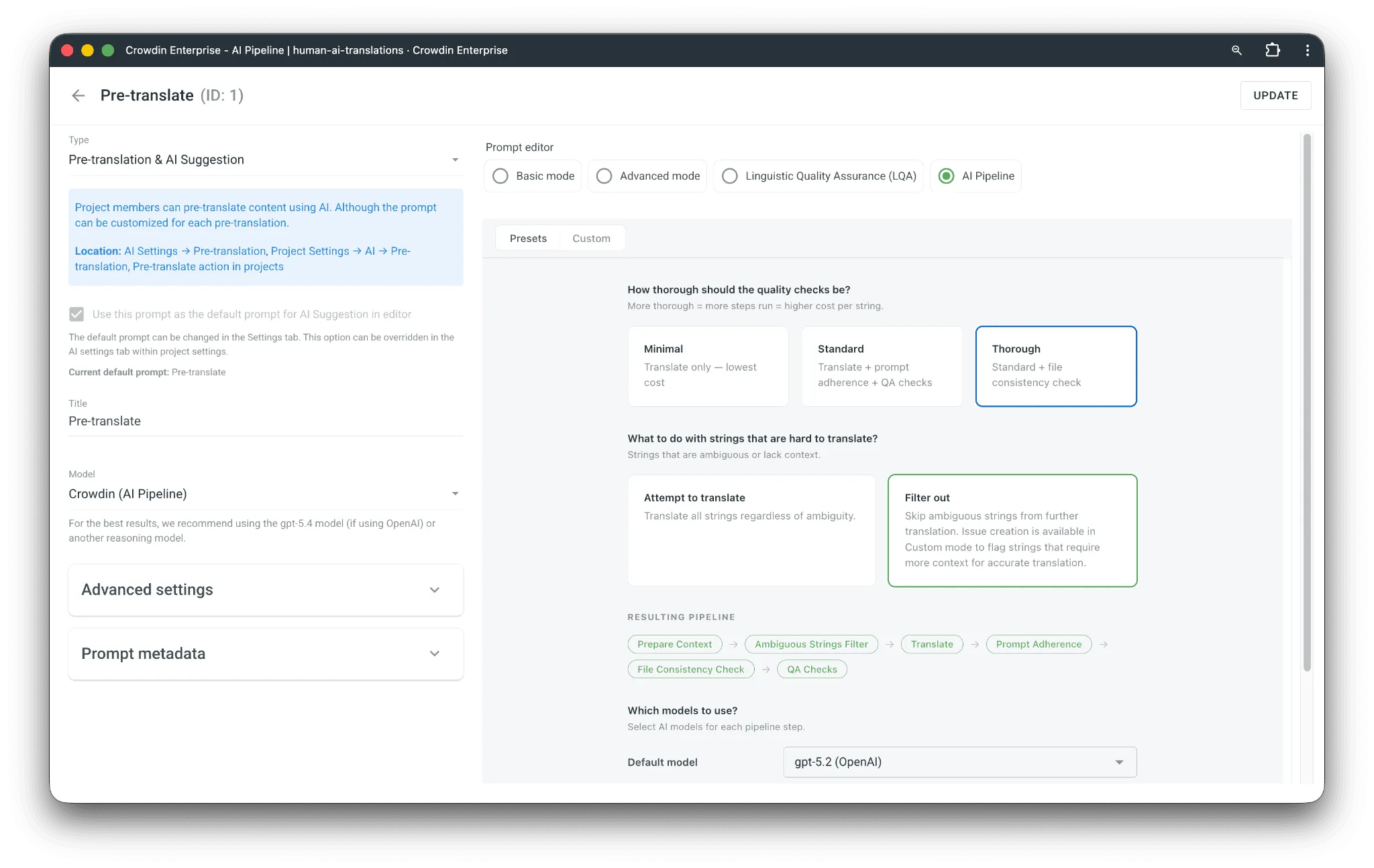 AI Pipeline from Crowdin: presets and customization