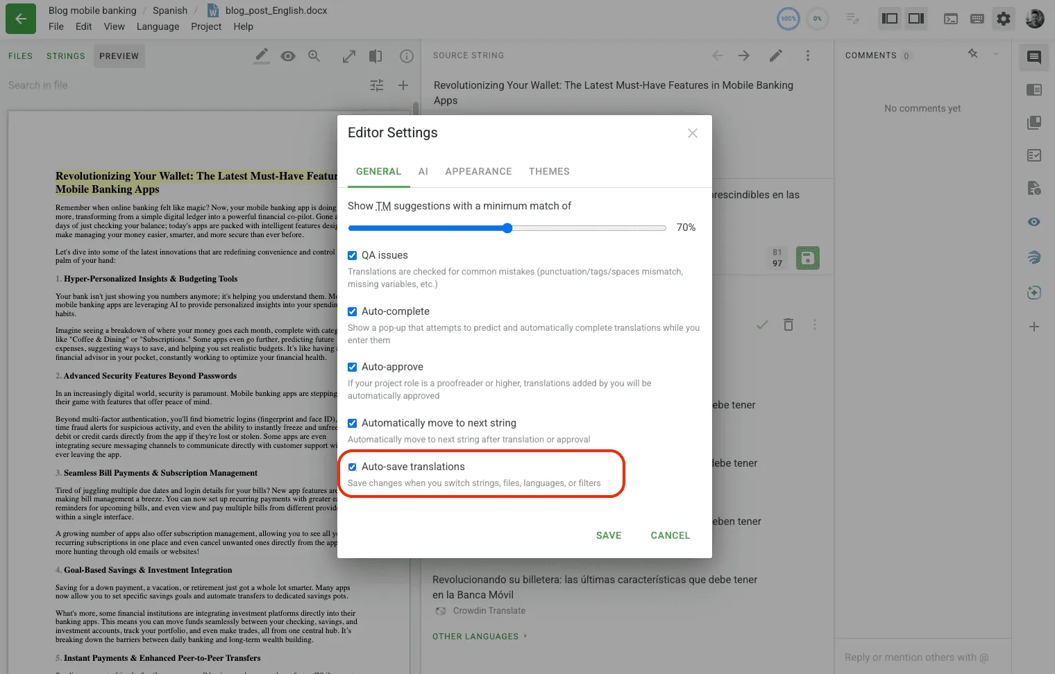 auto-save translation option in Crowdin