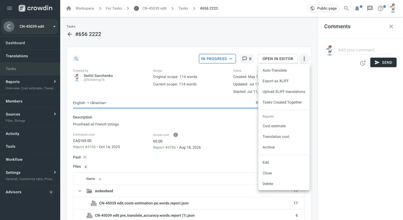 Auto-Translate action on a single task