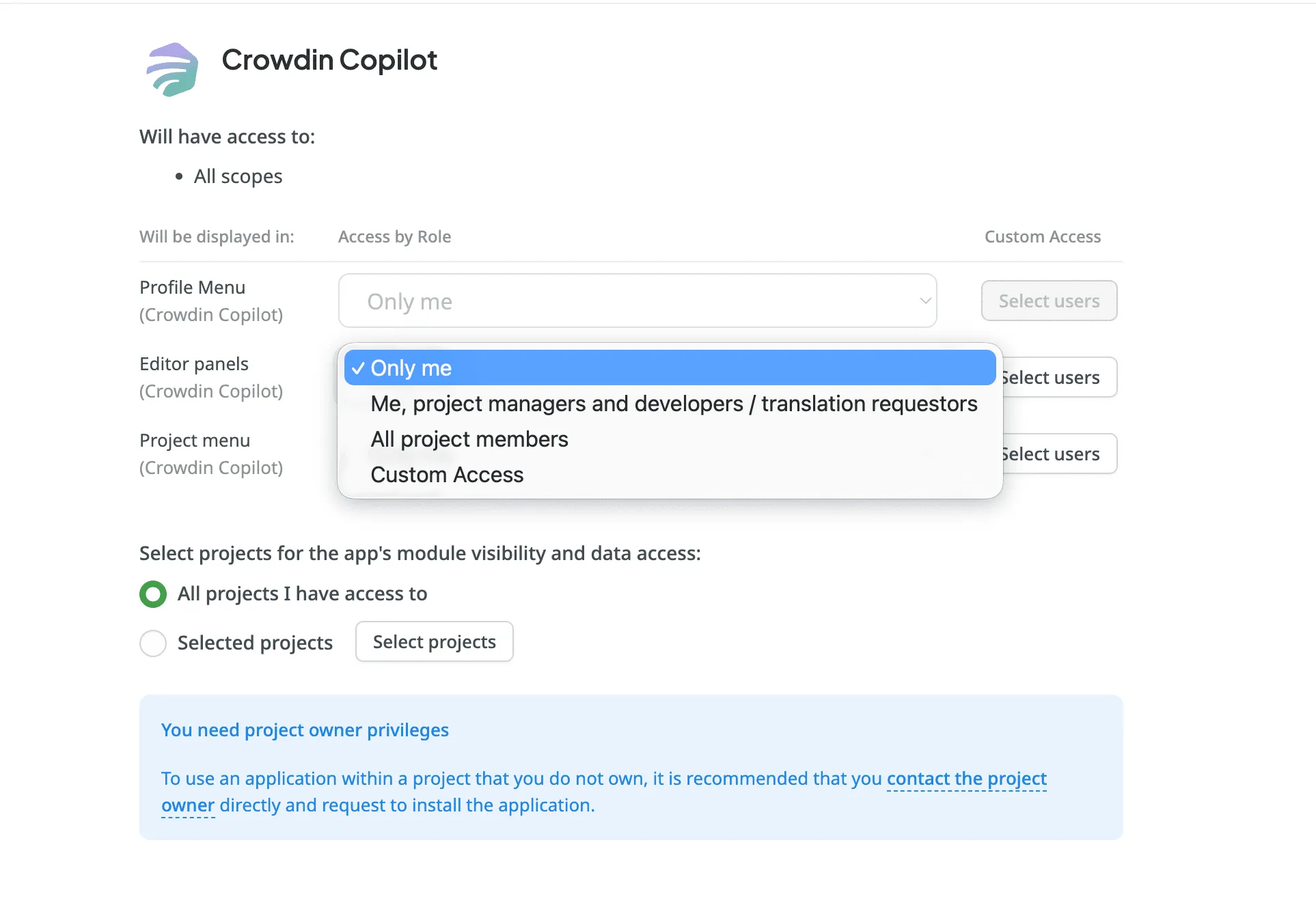 Granular permissions in Crowdin Copilot
