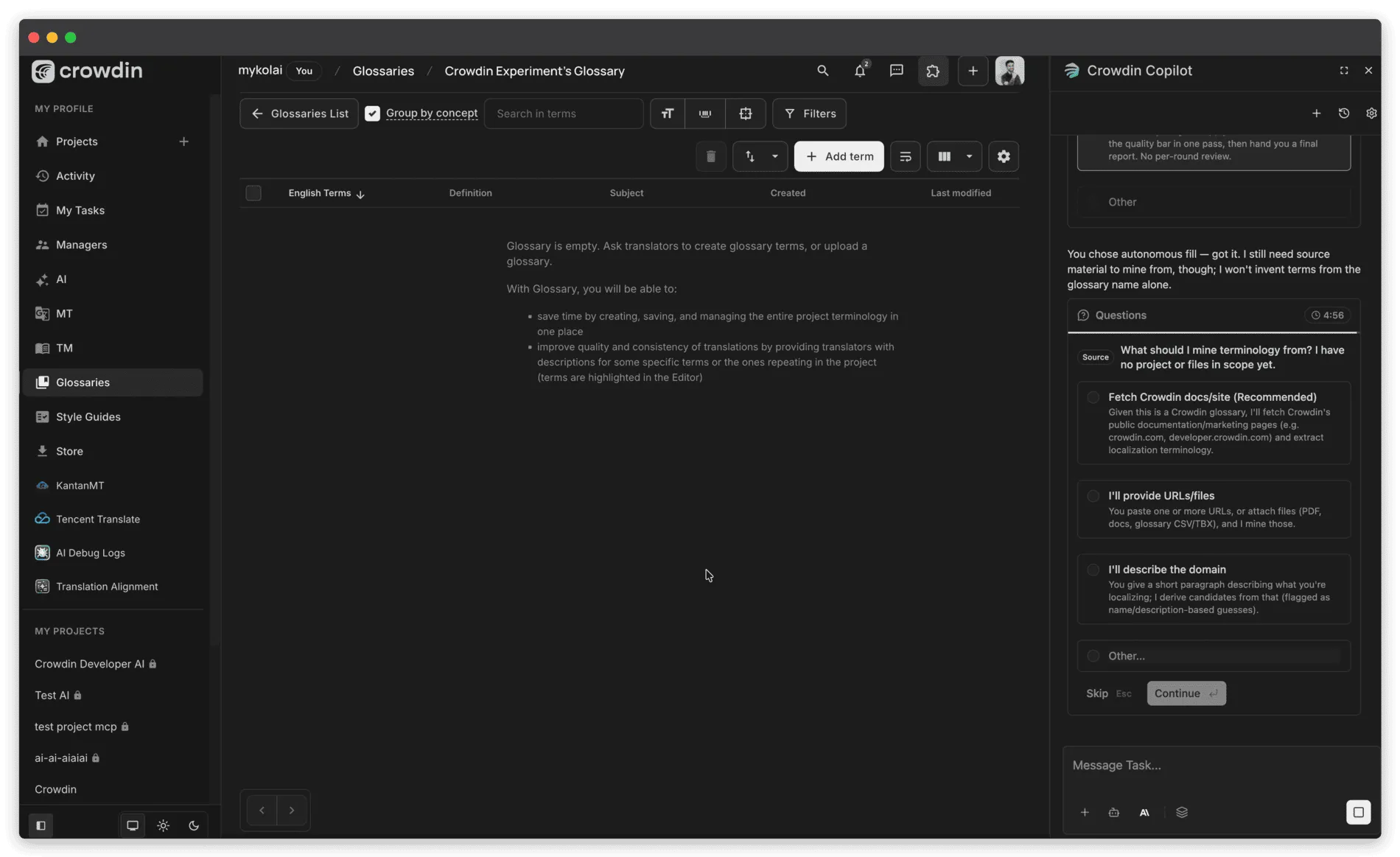 crowdin copilot filling and creating glossaries