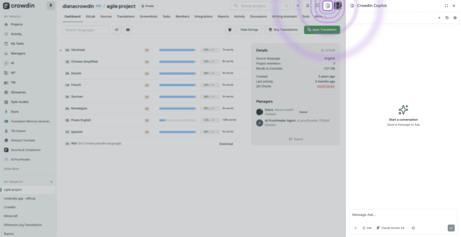 Crowdin Copilot new localtion in UI