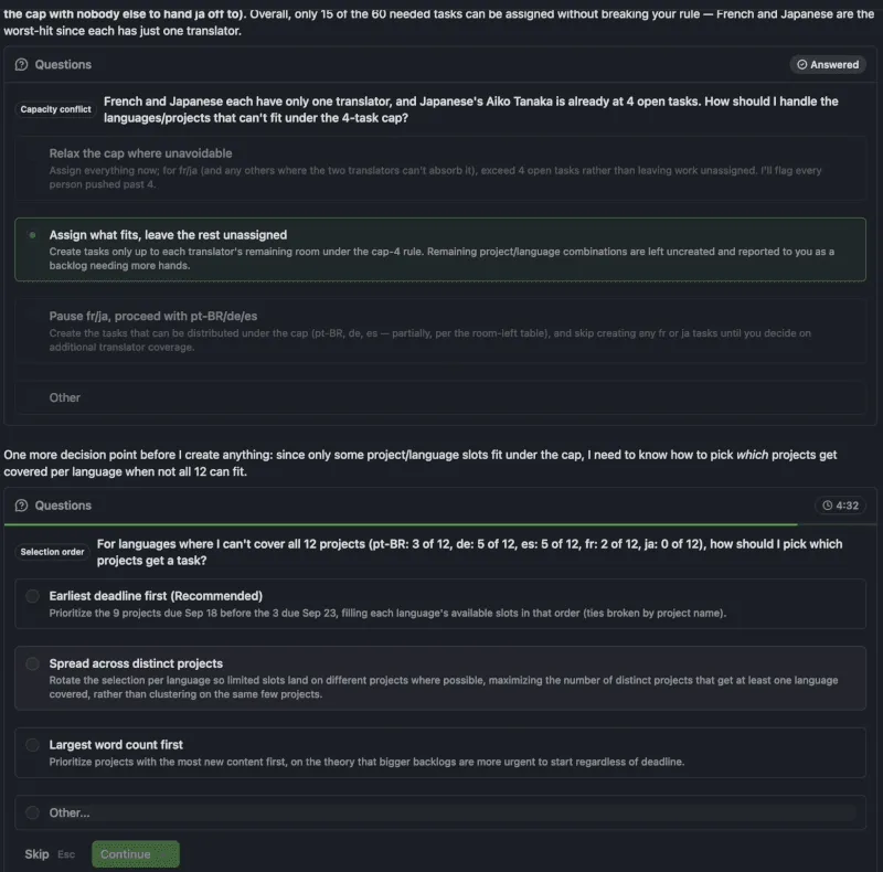 Crowdin Copilot asks how to choose which projects get the limited task slots, recommending earliest deadline first, with spread across projects and largest word count first as alternatives.