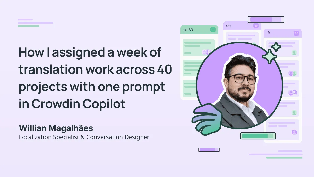 Crowdin Copilot assigning translation tasks across a multi-project workspace