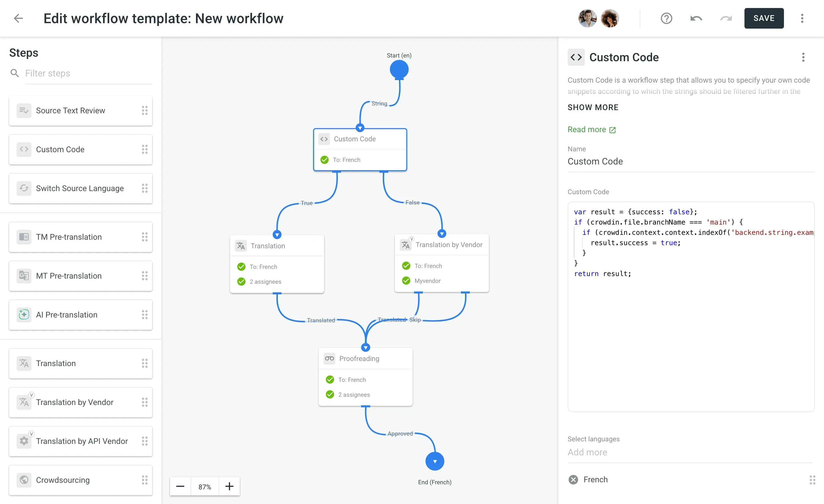 Custom code in localization workflow