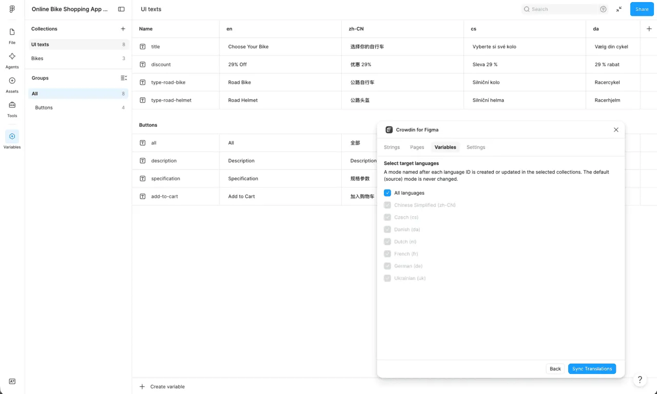 Translated Figma variables synced back as language modes