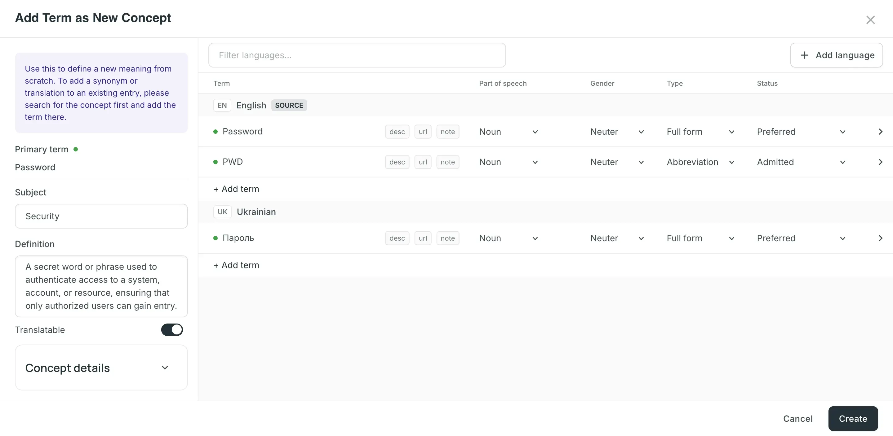 Add concept in glossary in Editor
