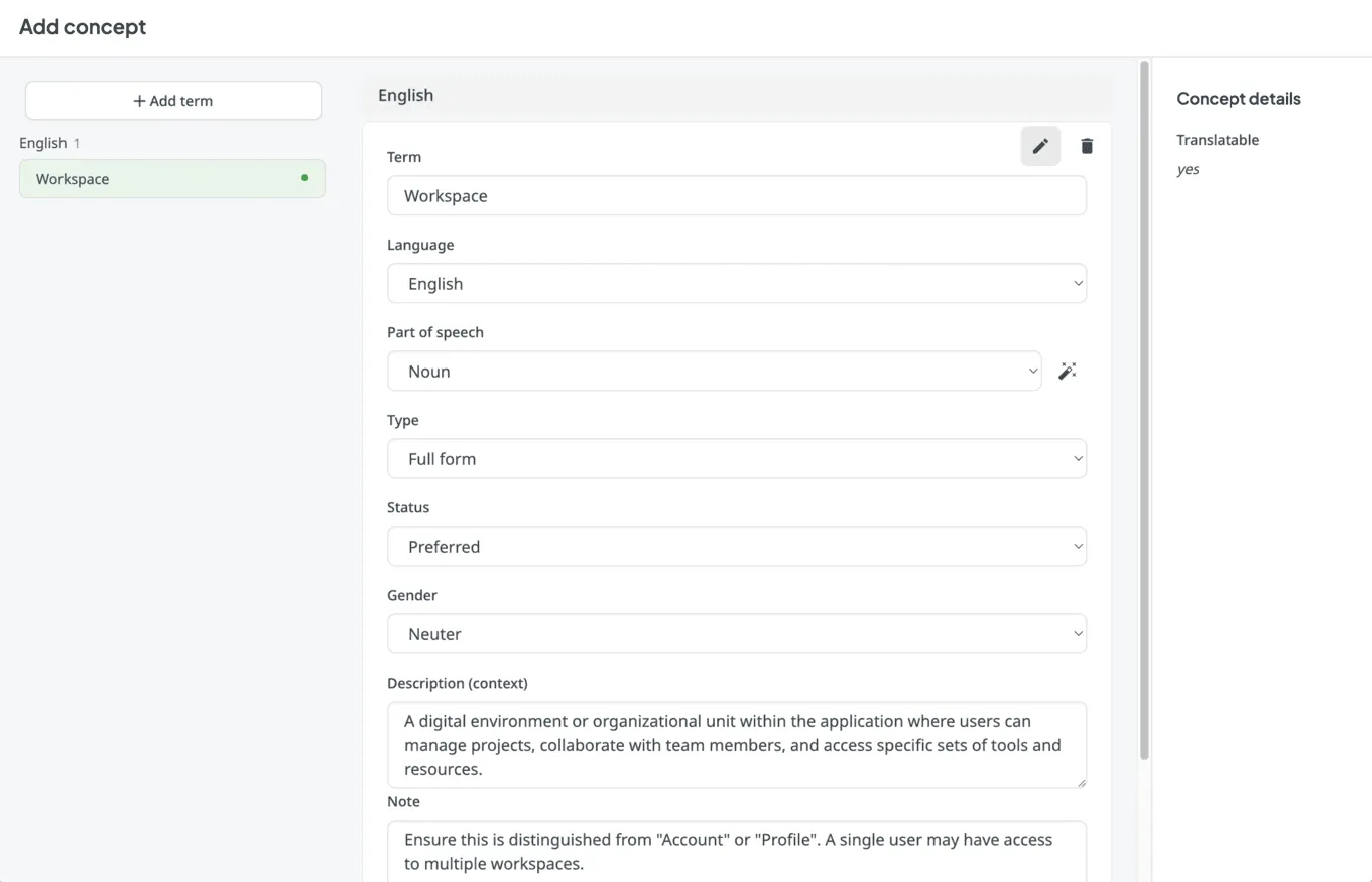 Add concept in glossary in Editor