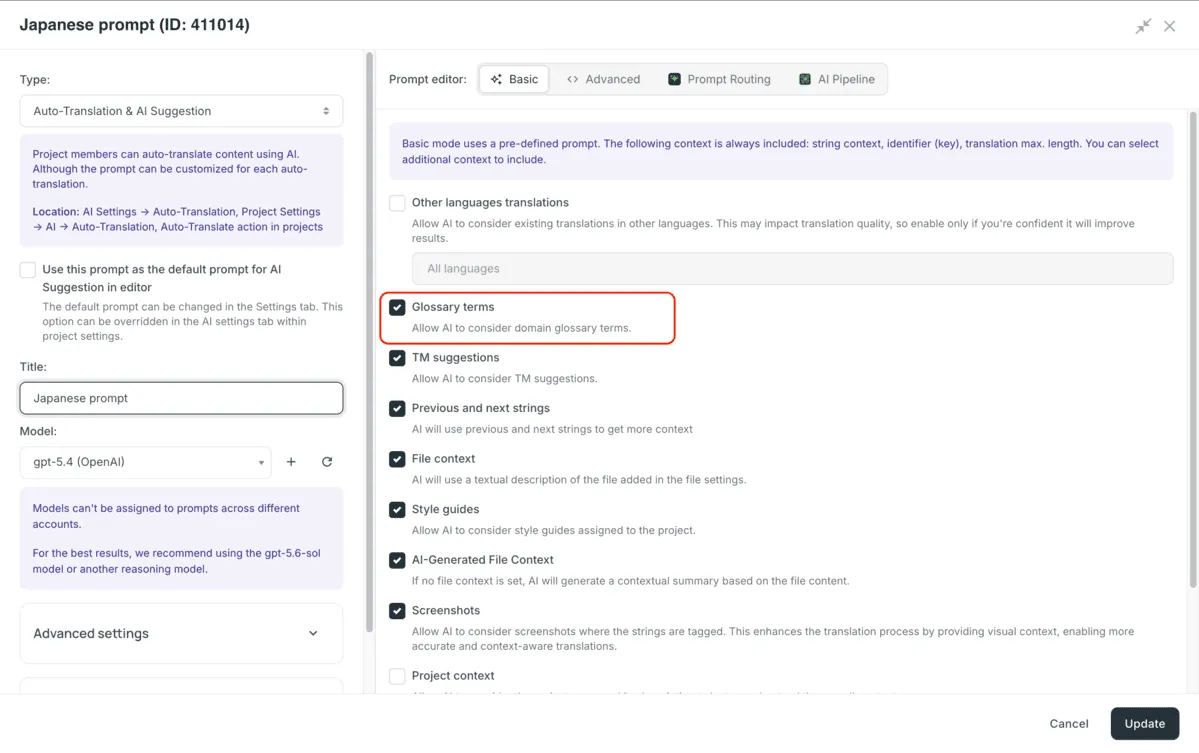 Adding glossary into AI prompt in Crowdin