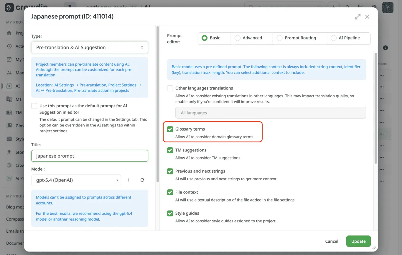 Adding glossary into AI prompt in Crowdin
