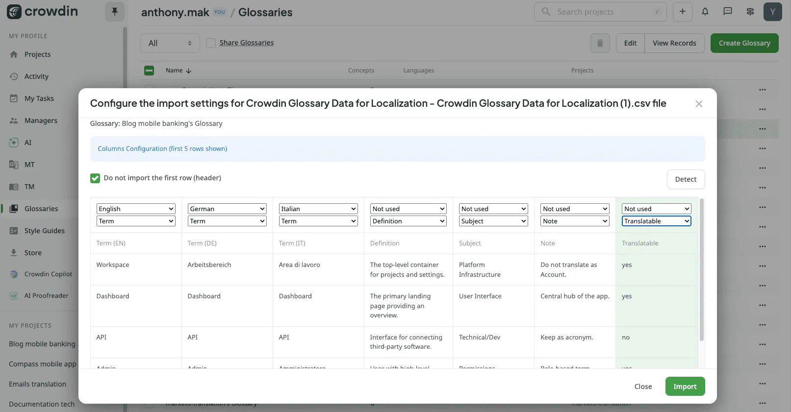Upload existing glossary and map columns