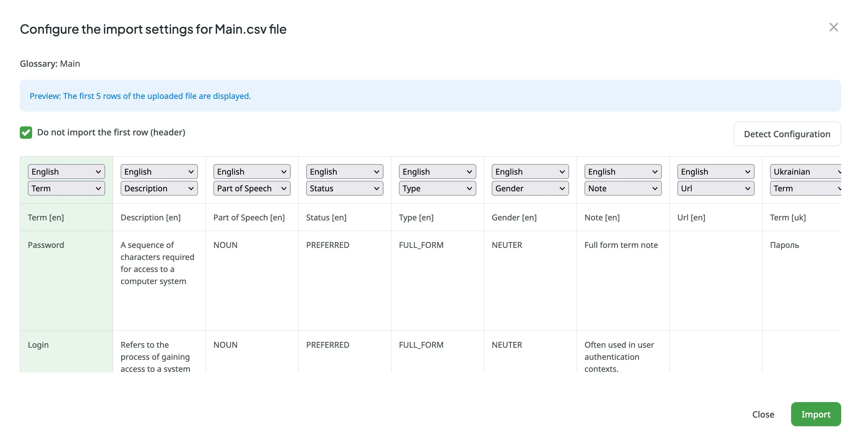 Upload existing glossary and map columns