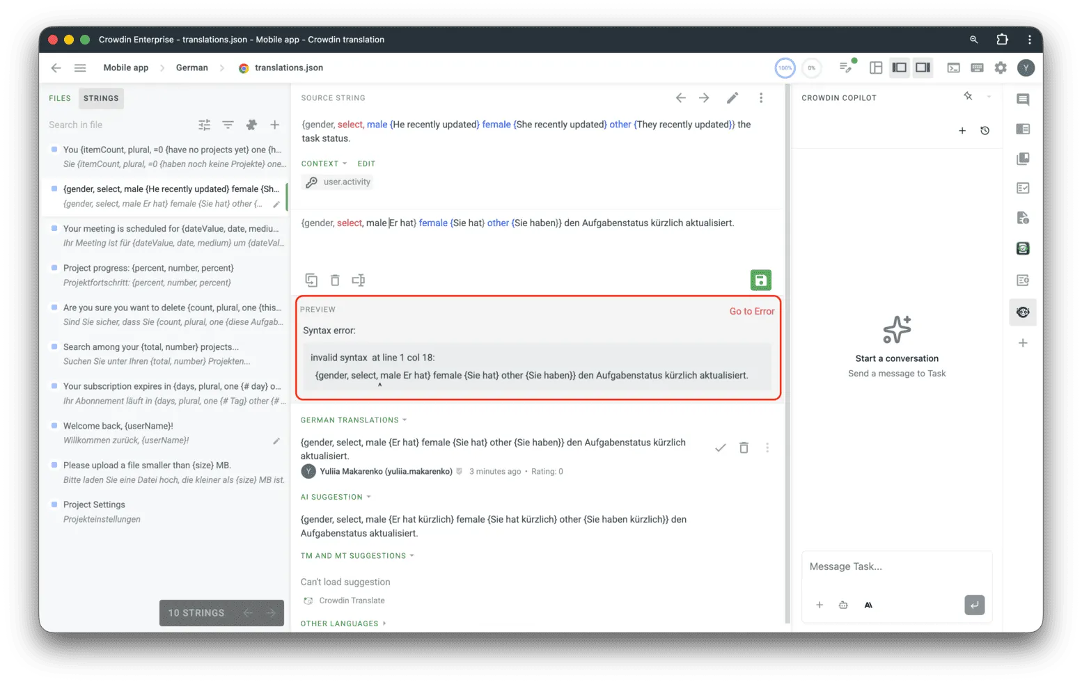 Crowdin catches ICU syntax errors