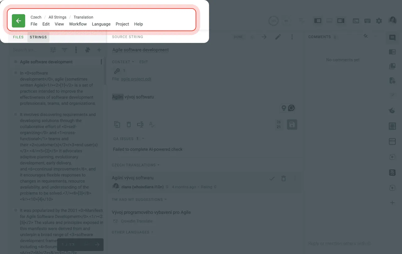 crowdin horizontal editor menu