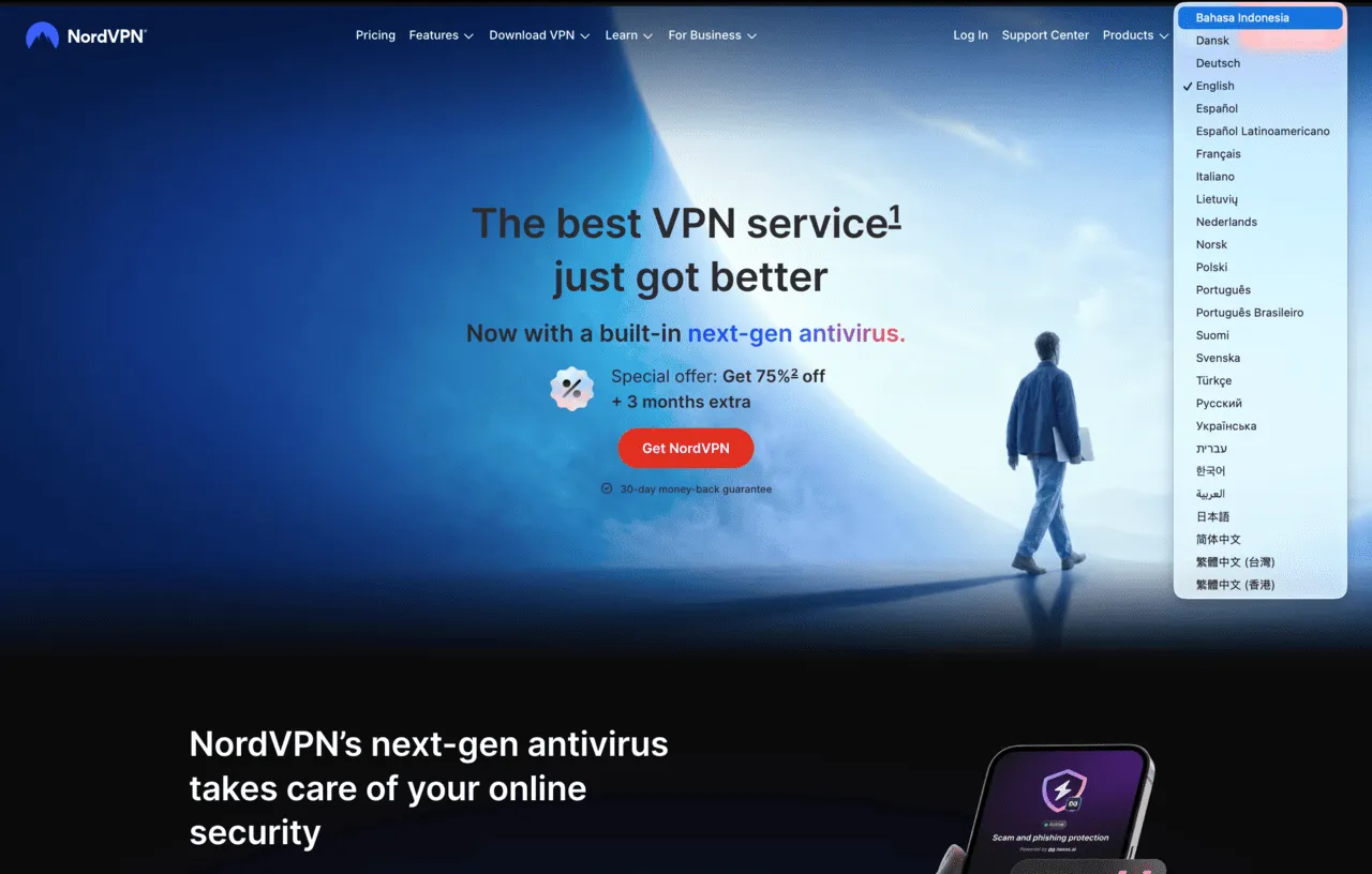 NordVPN website language selector showing multiple supported languages