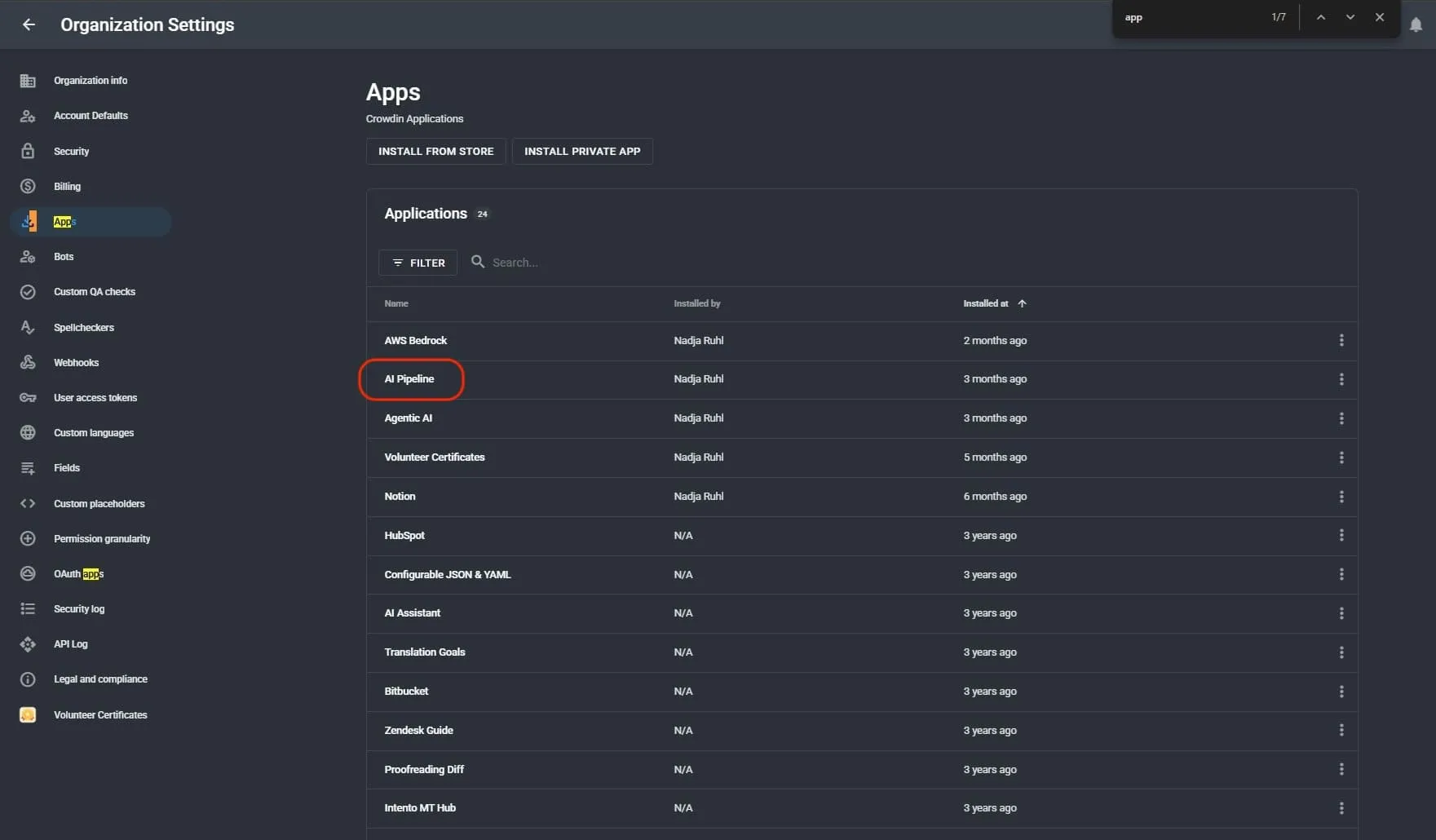 Find AI Pipeline app in Crowdin