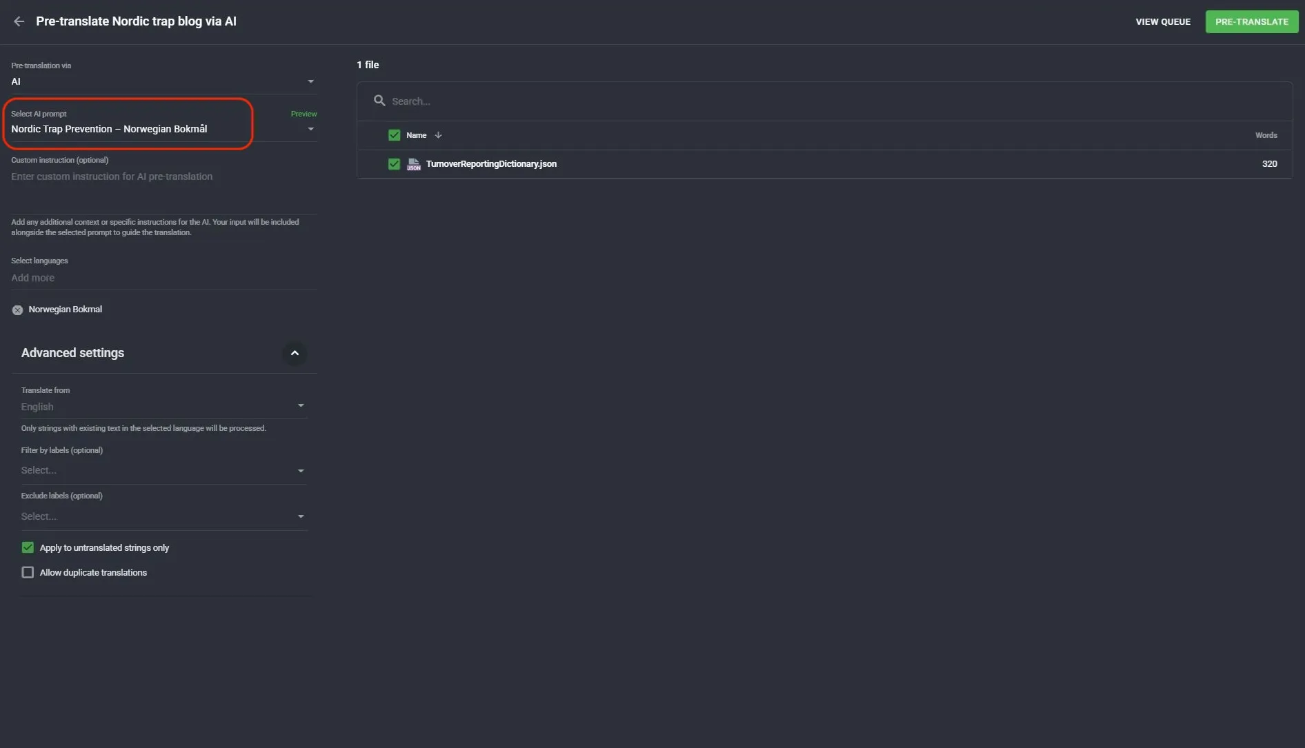 Running pre-translation using AI Pipeline prompt