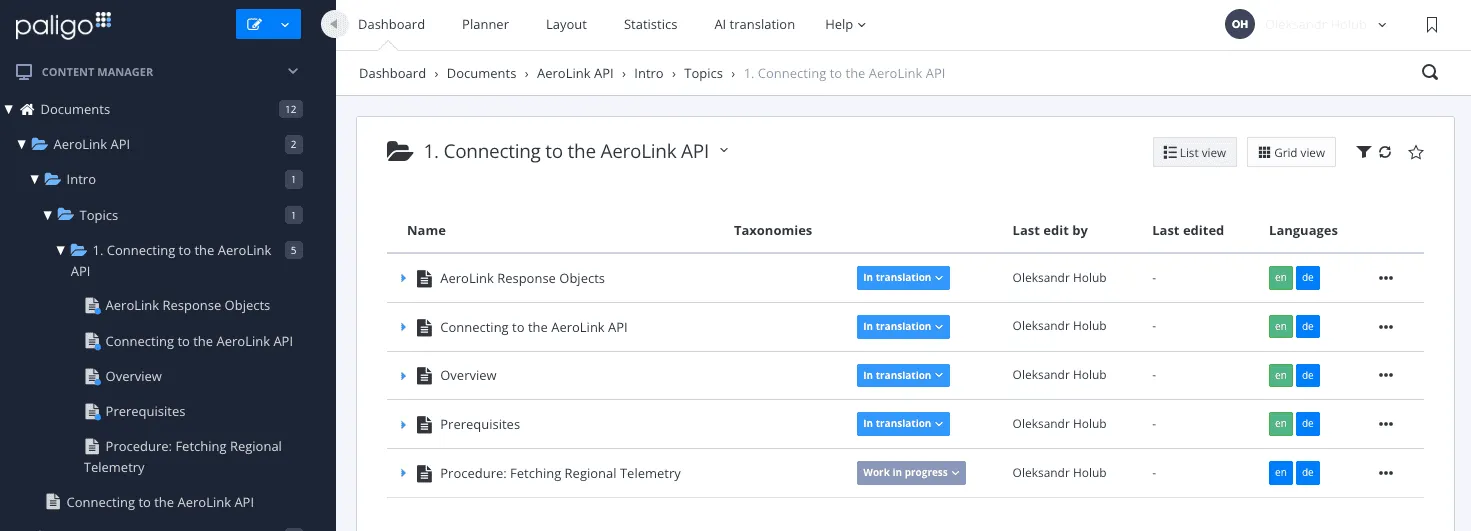 Screenshot of Paligo showing the topic status being set to In Translation