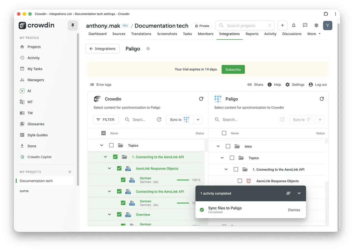 Screenshot of syncing translated content from Crowdin to Paligo