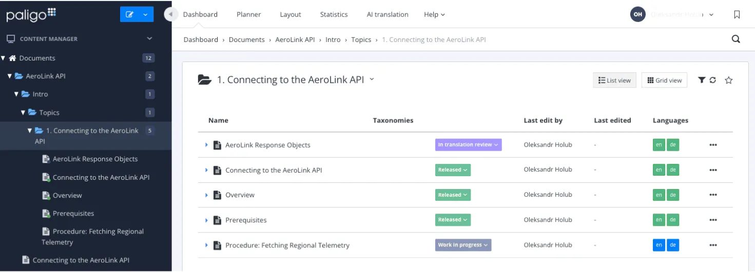 Screenshot of Paligo showing the topic status being set to Released and Waiting for translation review
