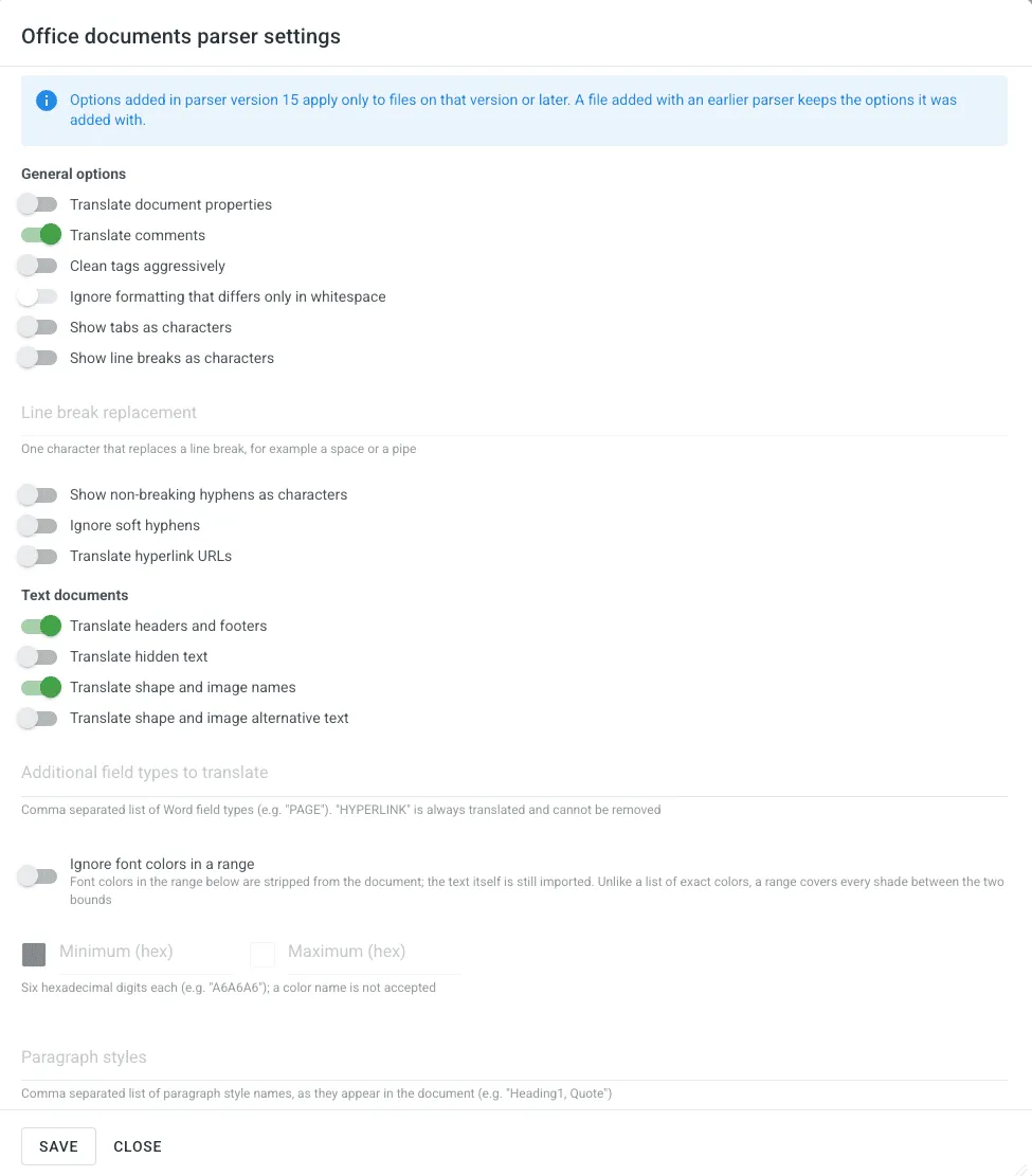 Parser Configuration tab in the file settings