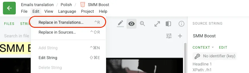 Replace in translations feature in Crowdin