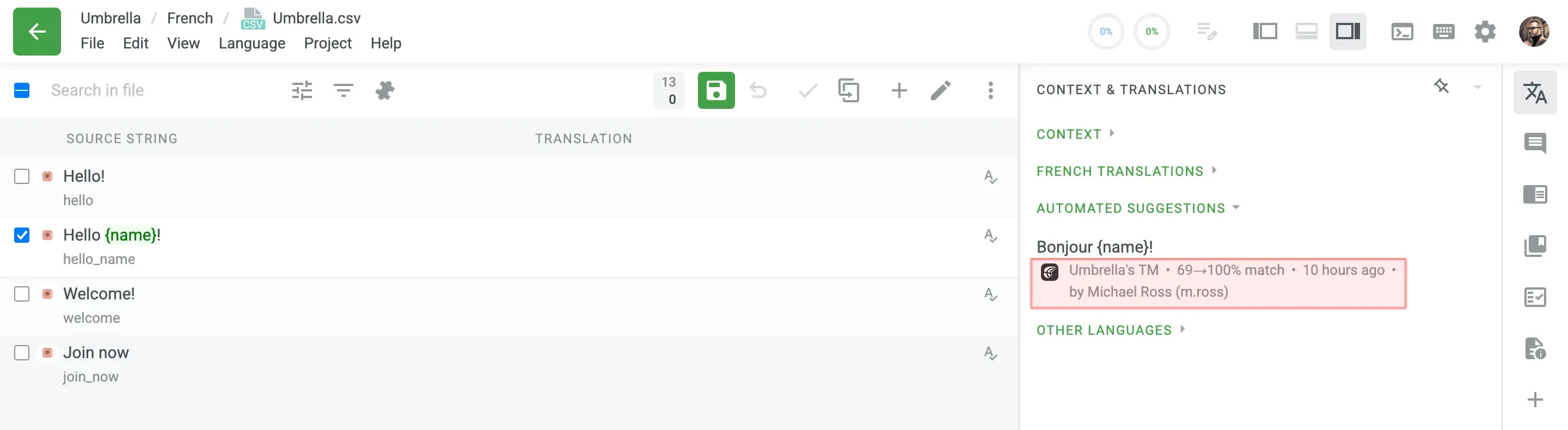 Translation memory in Crowdin translation management system