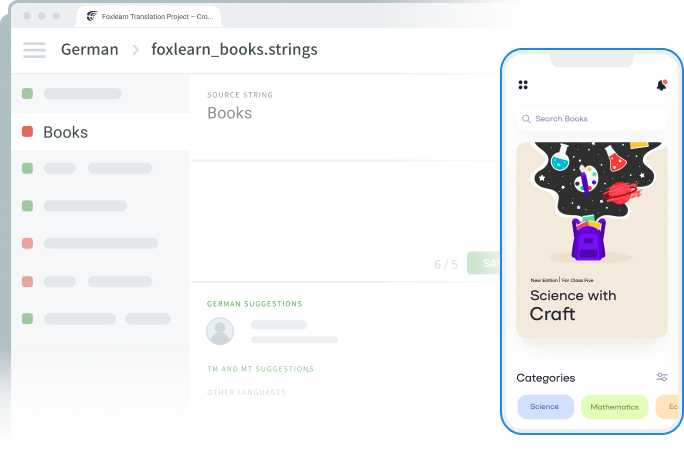 开发人员使用 Crowdin SDK 实时预览移动应用程序翻译的示意图。