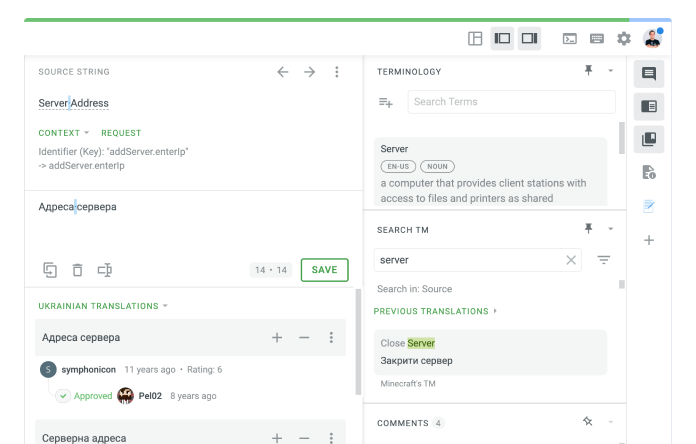 The Crowdin editor showing in-context translation previews for a mobile app.
