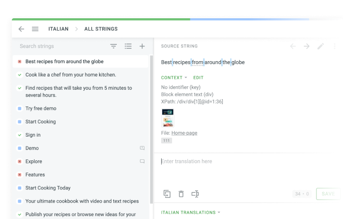 Screenshot of the Crowdin online editor with source text and translation panels.